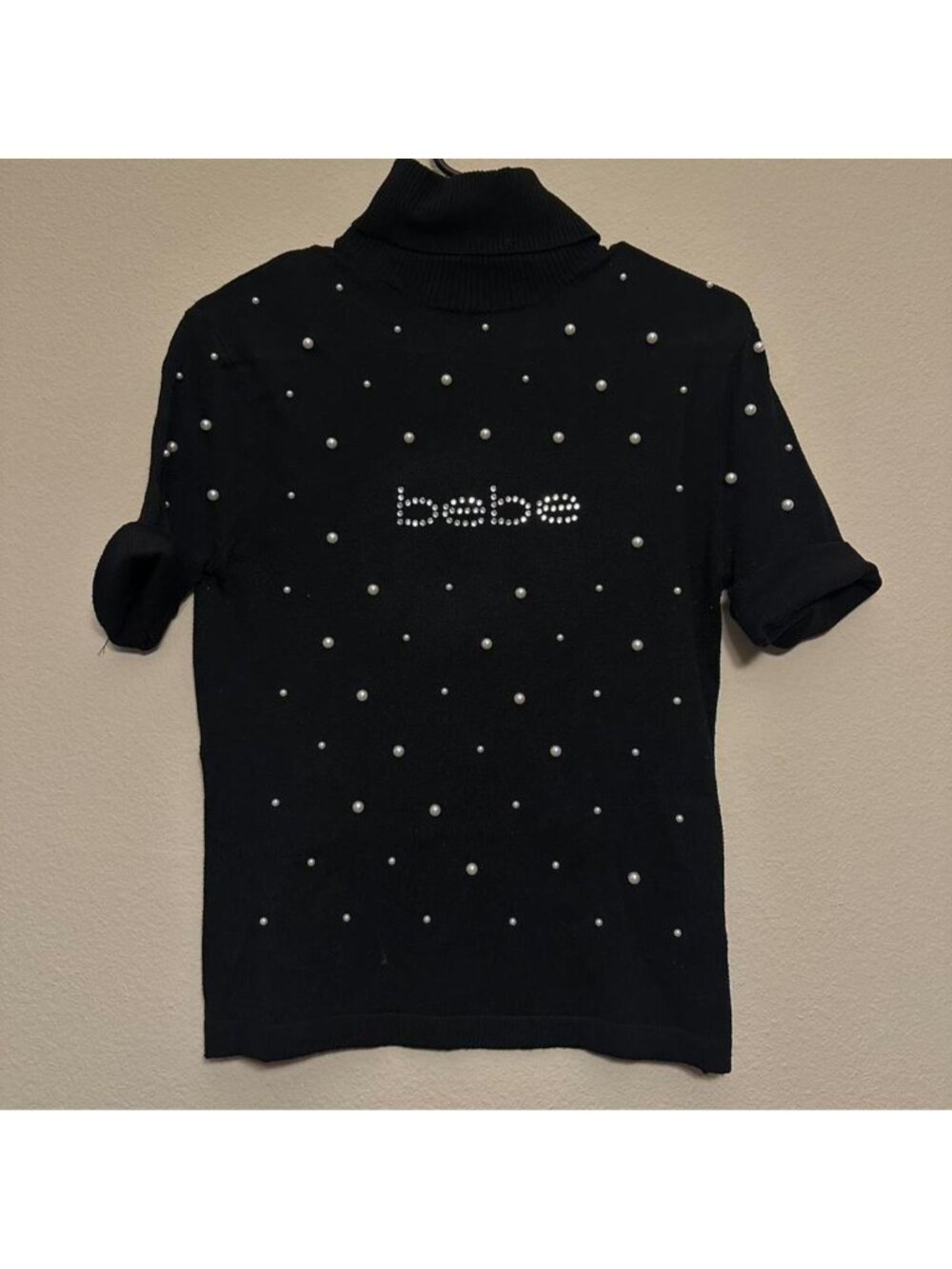 Y2K Bebe Black Turtleneck With Pearls and Rhinestones Logo